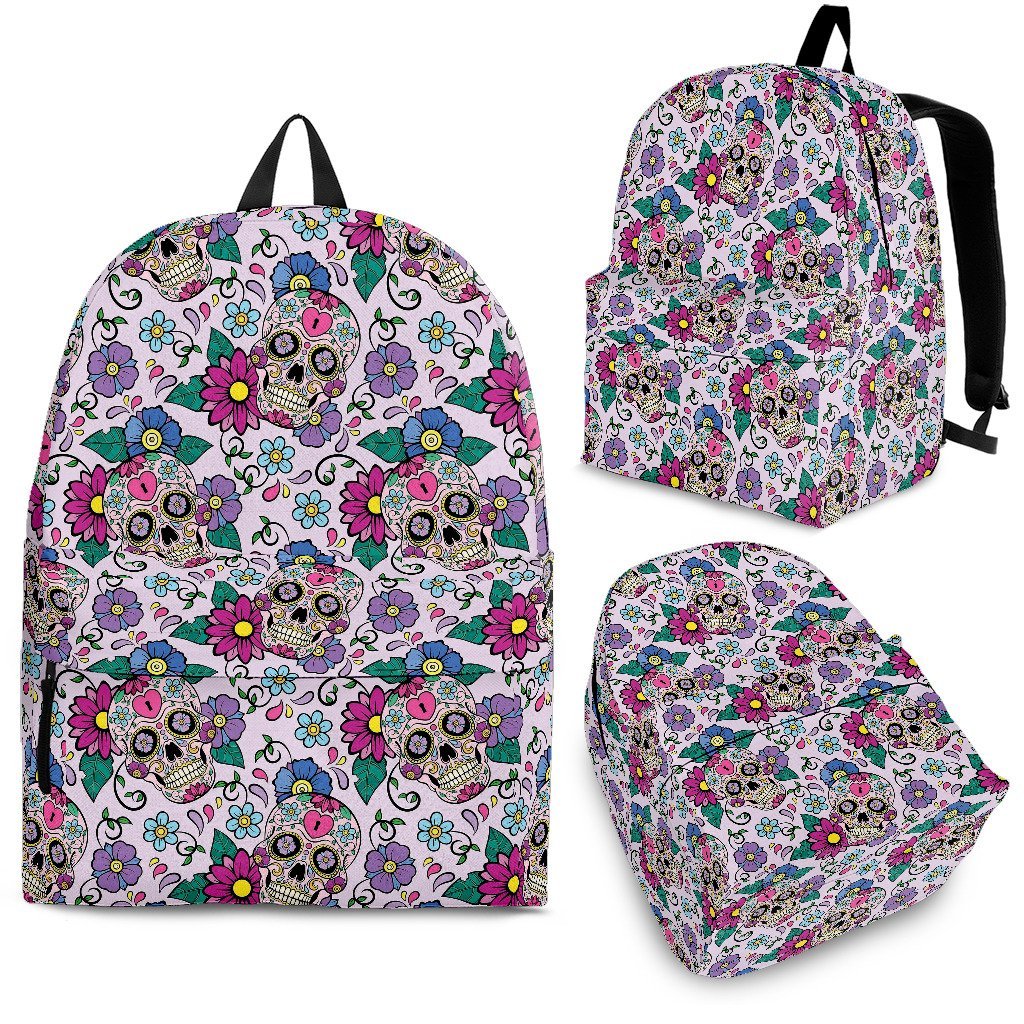Sugar Skull Skeleton Girly Floral Pattern Print Premium Backpack-grizzshop
