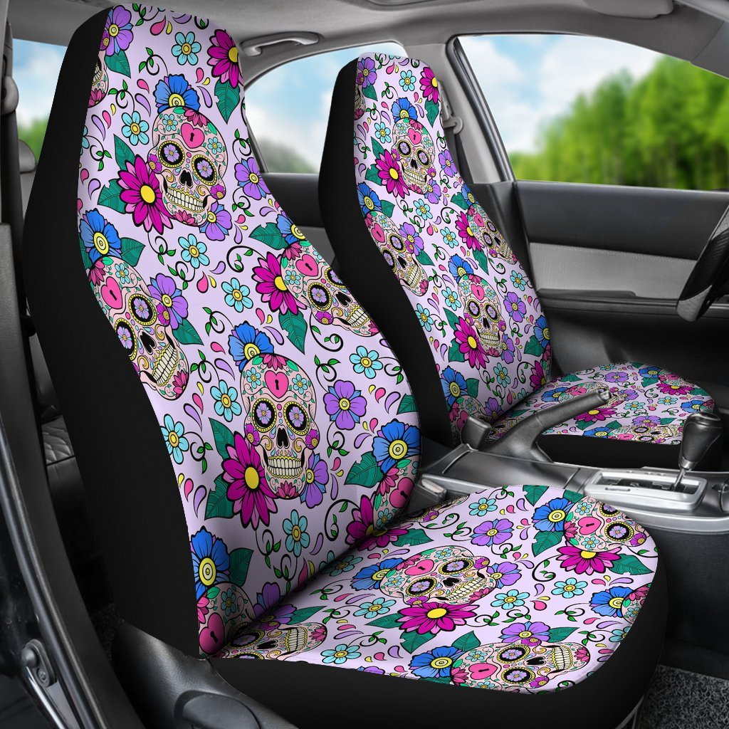 Sugar Skull Skeleton Girly Floral Pattern Print Universal Fit Car Seat Cover-grizzshop