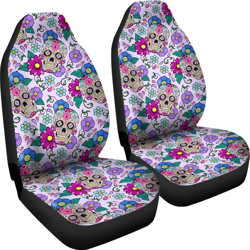 Sugar Skull Skeleton Girly Floral Pattern Print Universal Fit Car Seat Cover-grizzshop