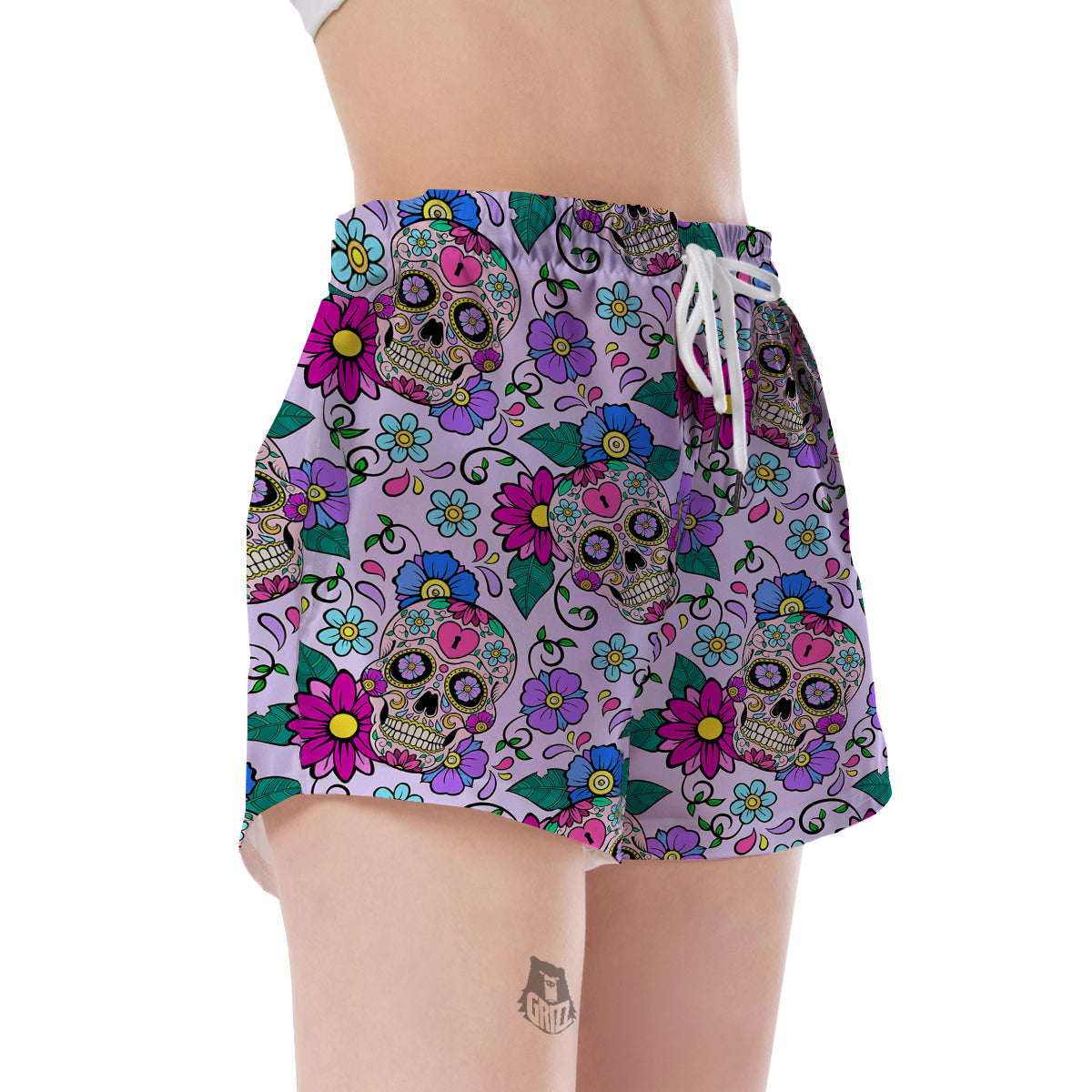 Sugar Skull Skeleton Girly Floral Pattern Print Women's Shorts-grizzshop