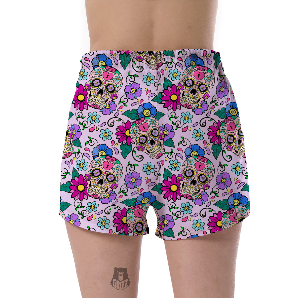 Sugar Skull Skeleton Girly Floral Pattern Print Women's Shorts-grizzshop