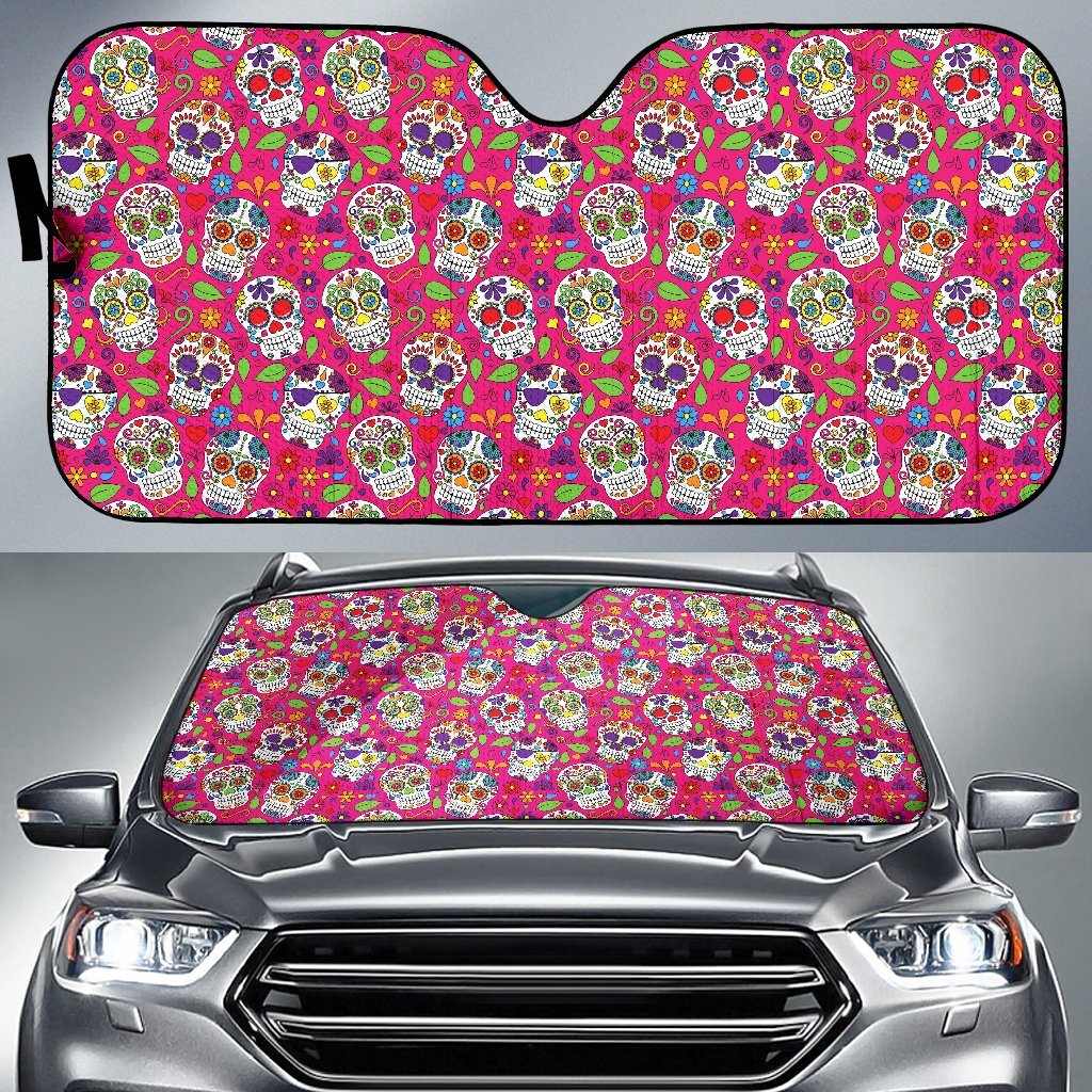Sugar Skull Skeleton Girly Floral Pirate Pattern Print Car Sun Shade-grizzshop
