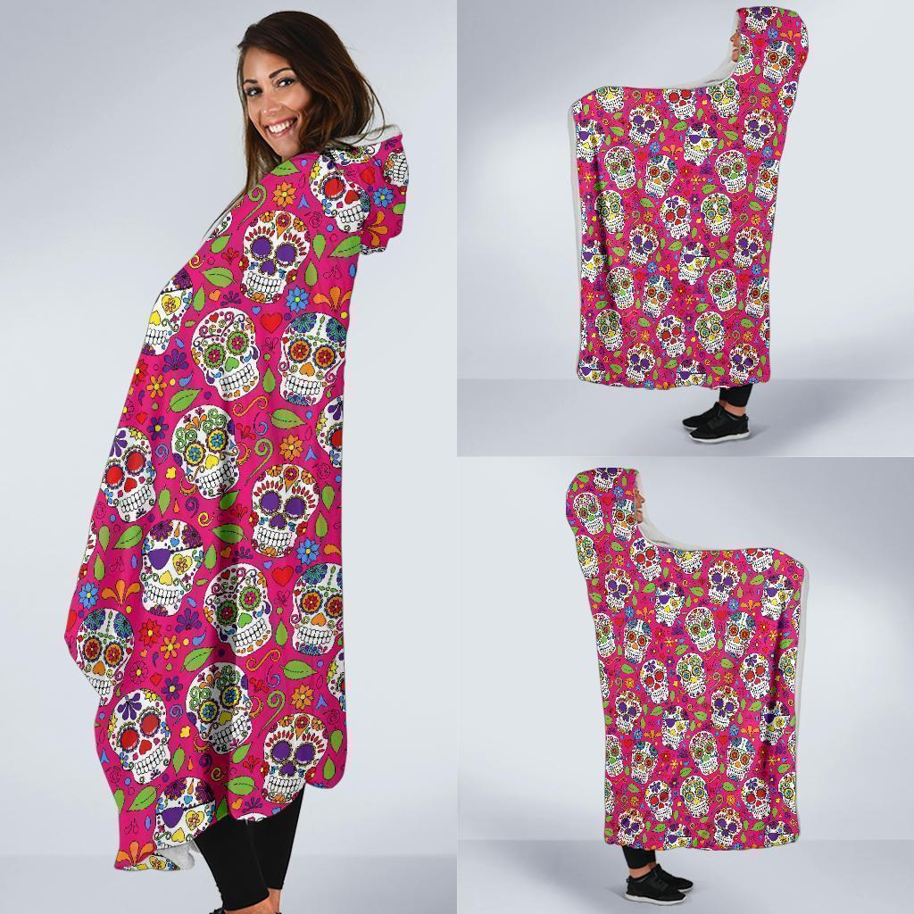 Sugar Skull Skeleton Girly Floral Pirate Pattern Print Hooded Blanket-grizzshop