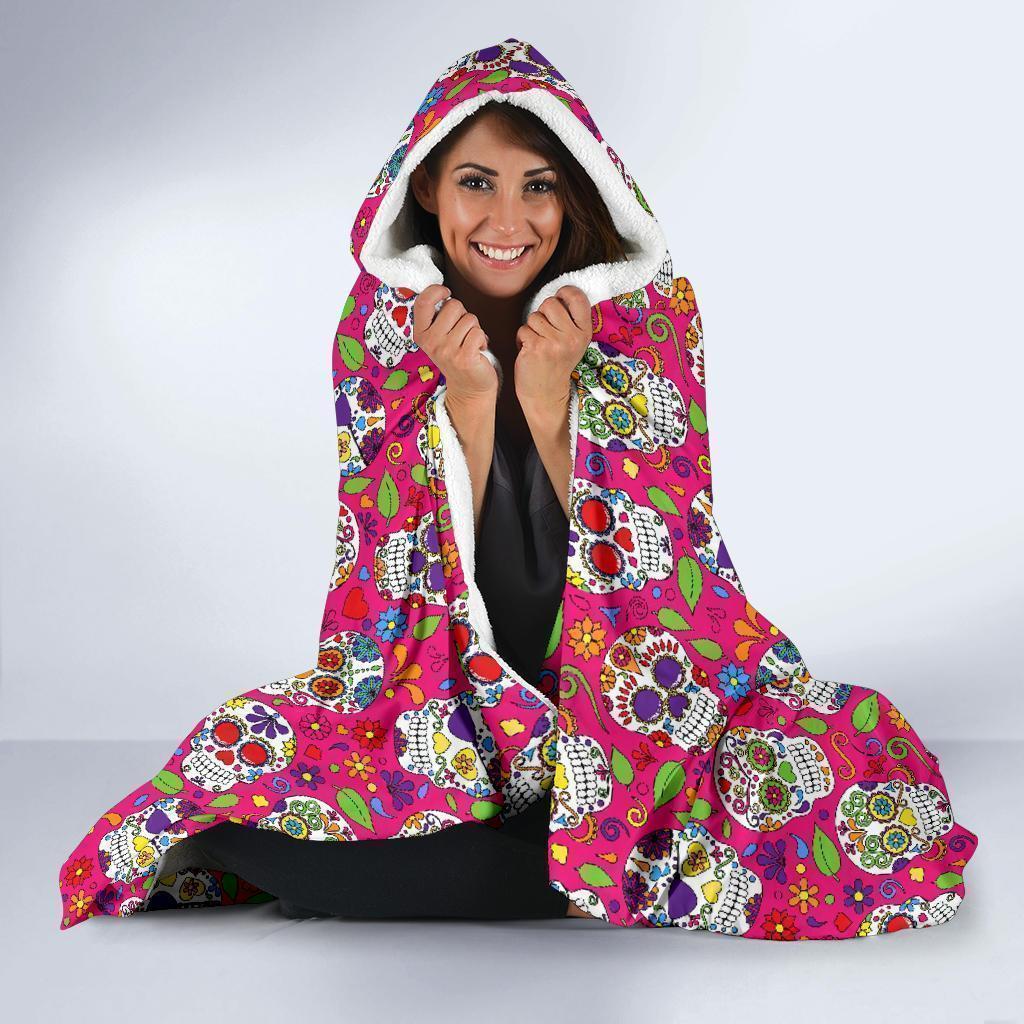 Sugar Skull Skeleton Girly Floral Pirate Pattern Print Hooded Blanket-grizzshop