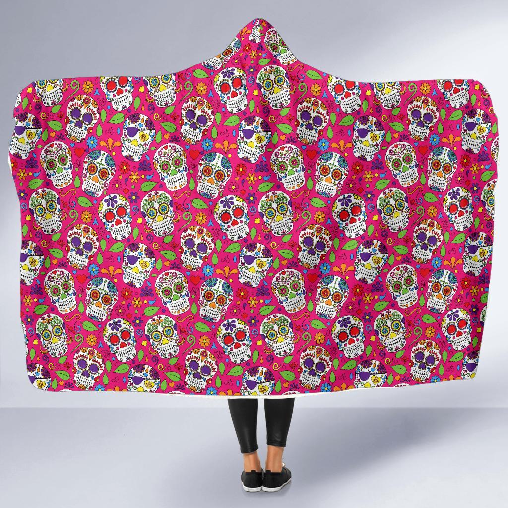 Sugar Skull Skeleton Girly Floral Pirate Pattern Print Hooded Blanket-grizzshop