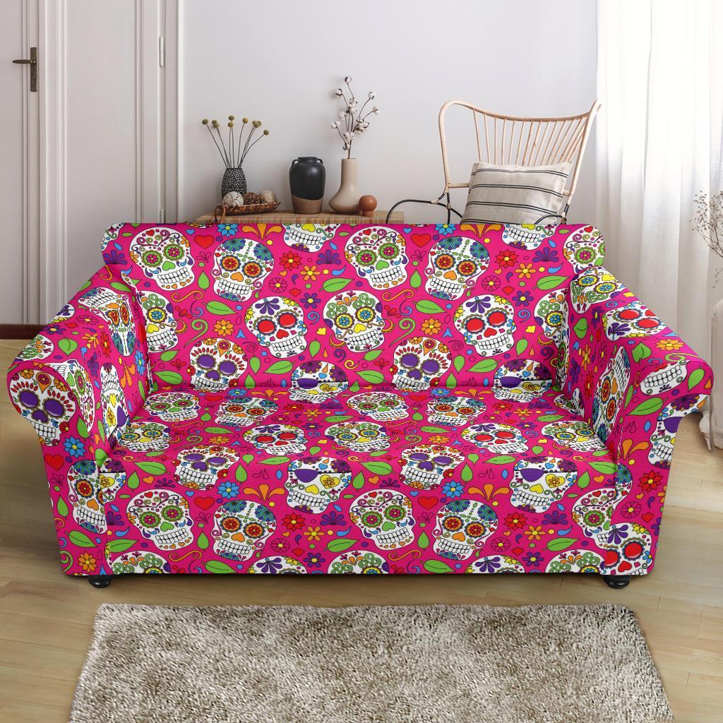 Sugar Skull Skeleton Girly Floral Pirate Pattern Print Loveseat Cover-grizzshop