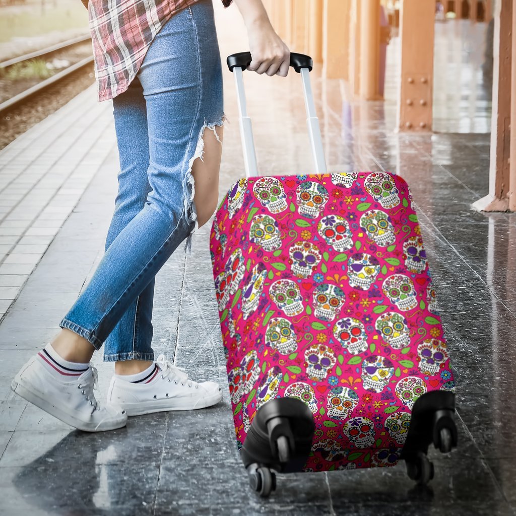Sugar Skull Skeleton Girly Floral Pirate Pattern Print Luggage Cover Protector-grizzshop