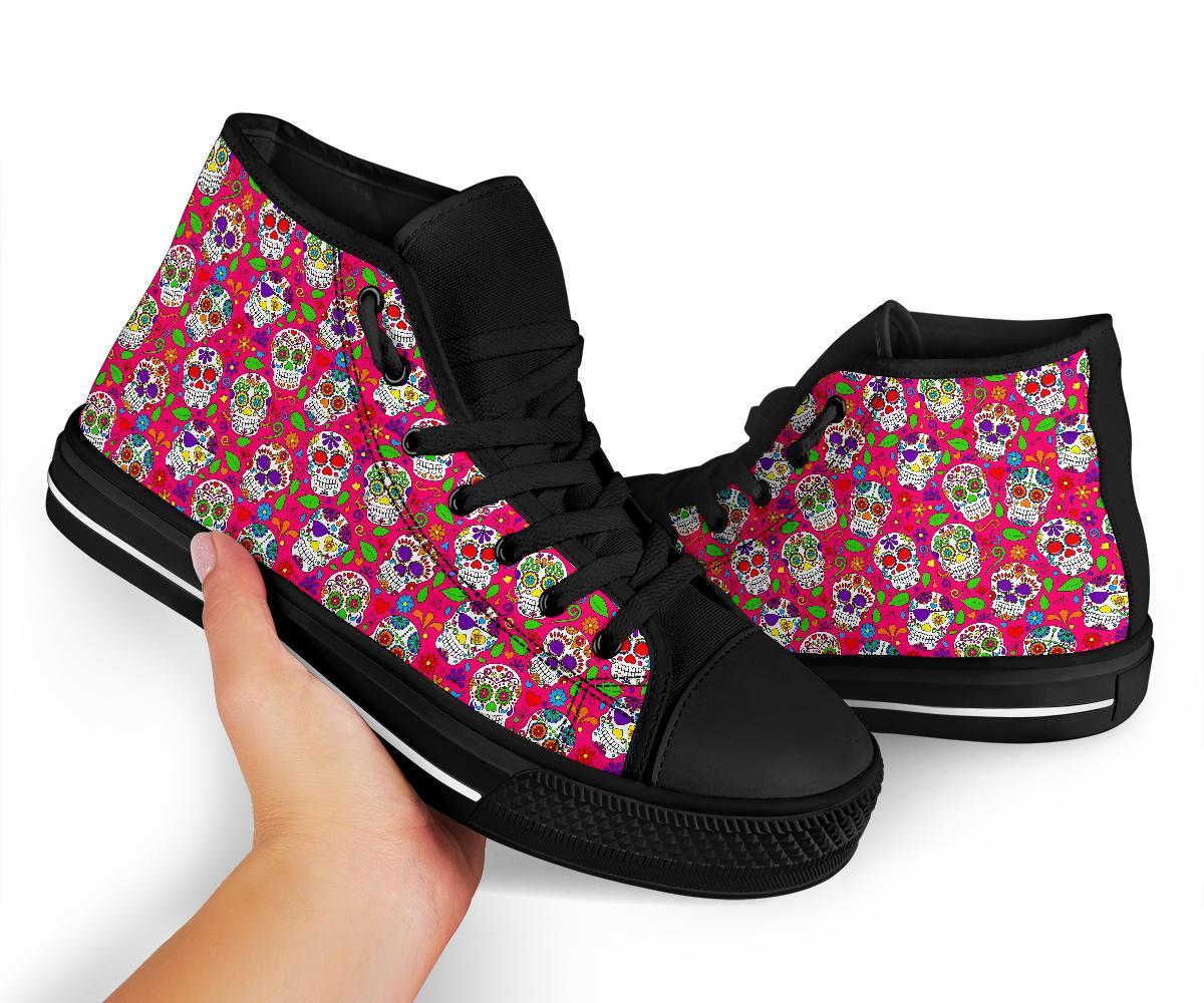 Sugar Skull Skeleton Girly Floral Pirate Pattern Print Men Women's High Top Shoes-grizzshop