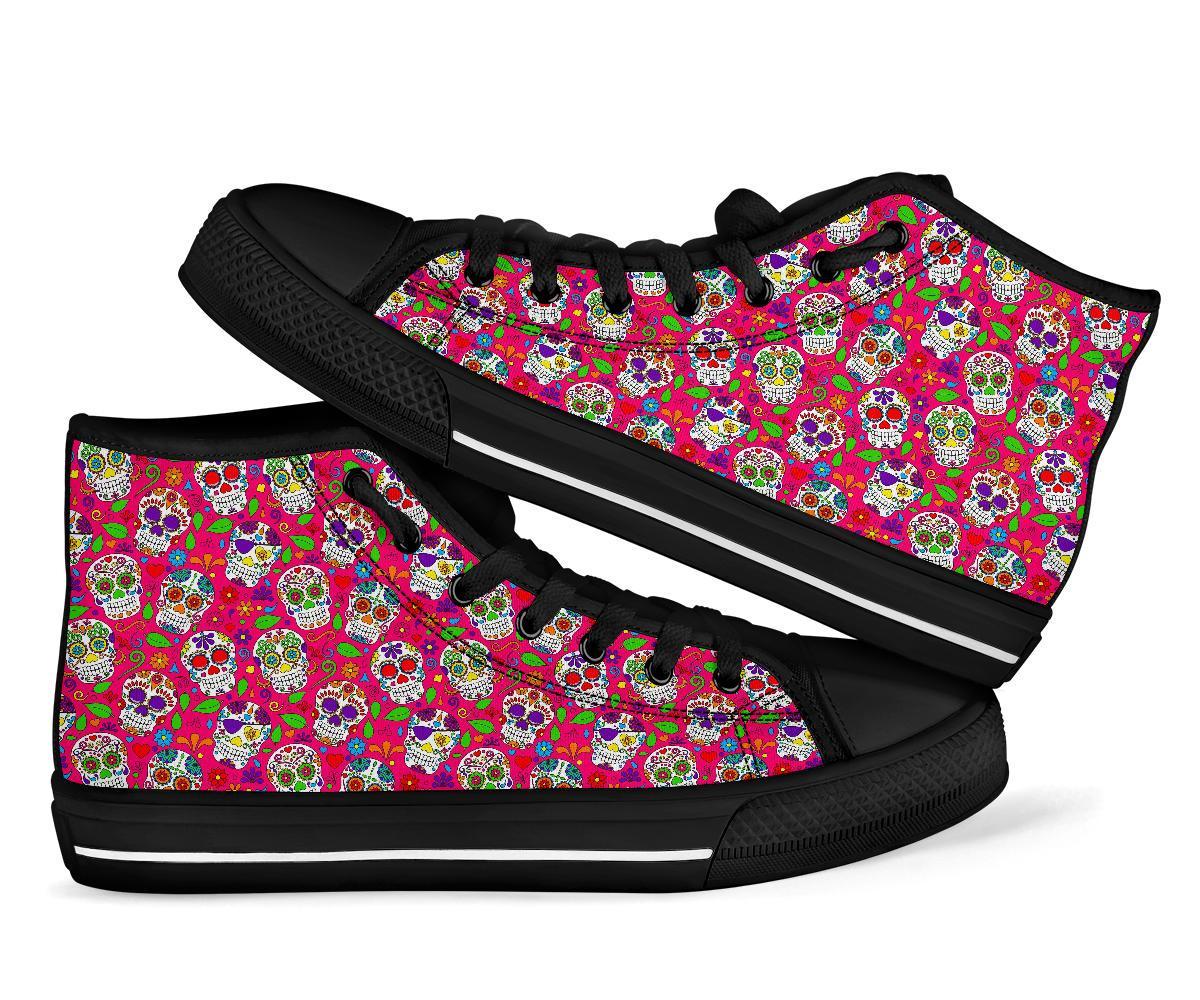 Sugar Skull Skeleton Girly Floral Pirate Pattern Print Men Women's High Top Shoes-grizzshop