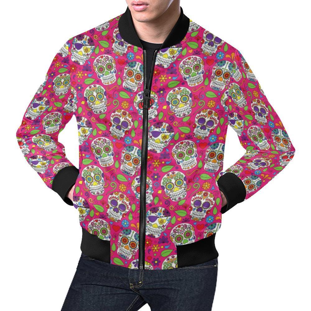 Sugar Skull Skeleton Girly Floral Pirate Pattern Print Men's Bomber Jacket-grizzshop