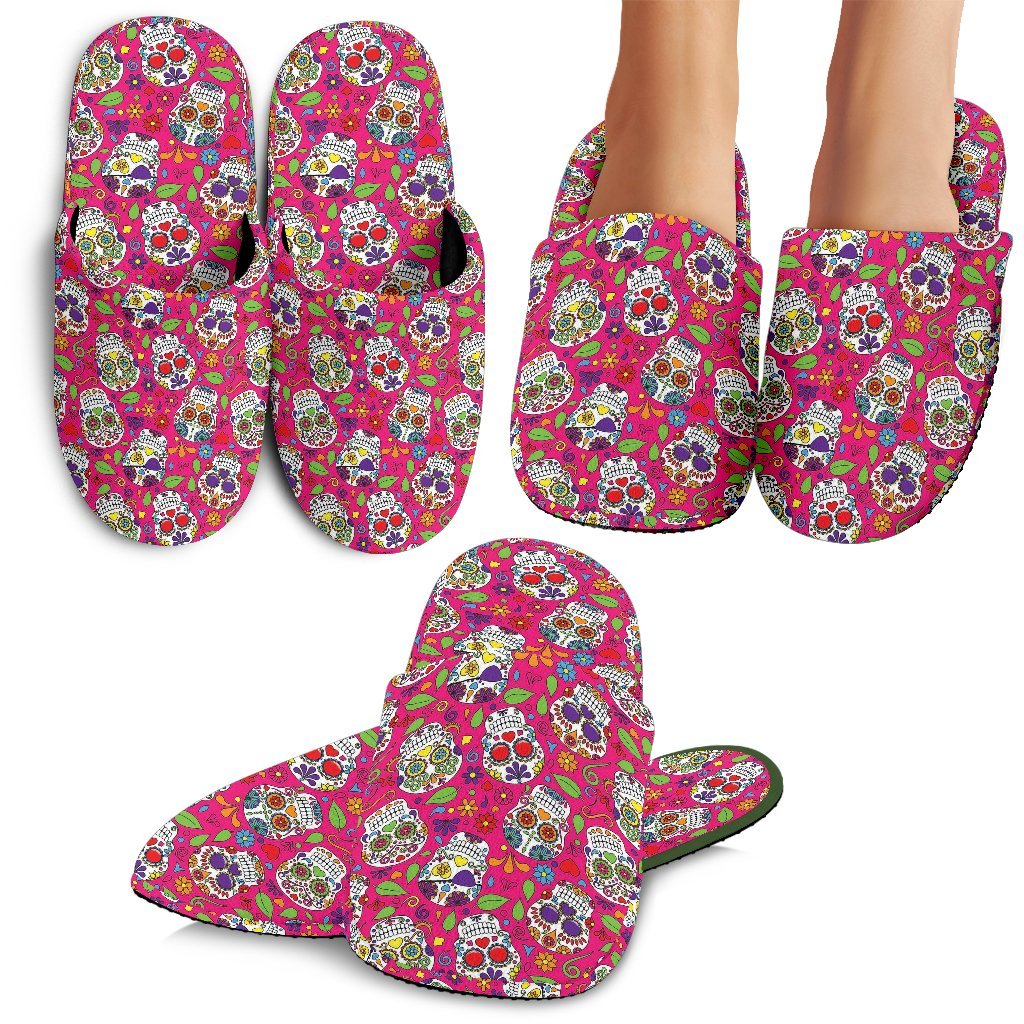 Sugar Skull Skeleton Girly Floral Pirate Pattern Print Premium Home Slippers-grizzshop