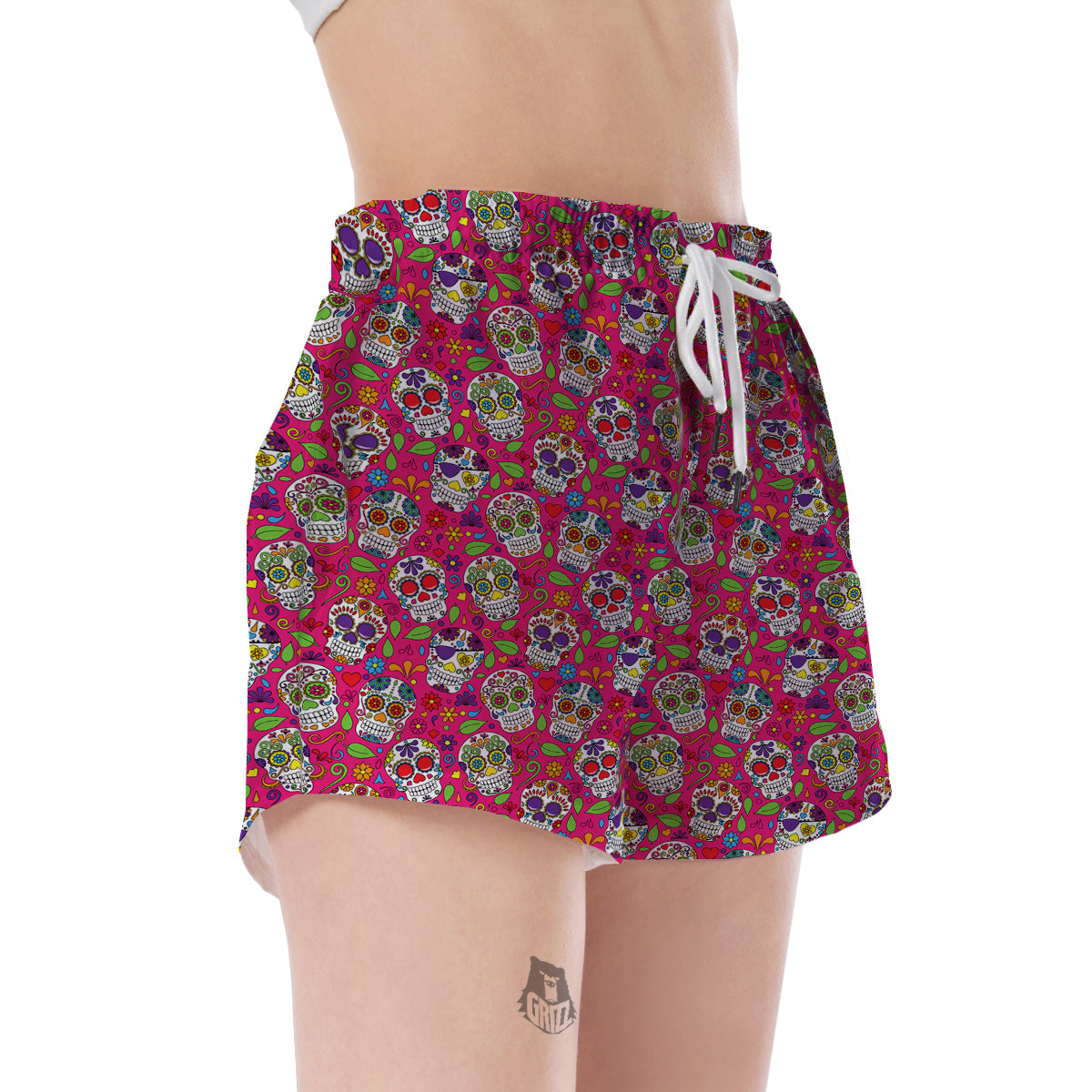 Sugar Skull Skeleton Girly Floral Pirate Pattern Print Women's Shorts-grizzshop