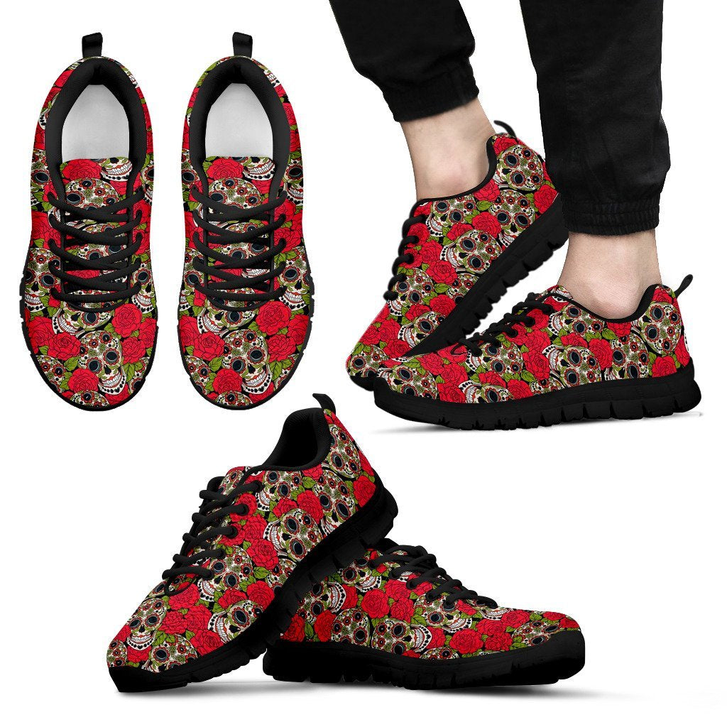 Sugar Skull Skeleton Girly Floral Rose Pattern Print Black Sneaker Shoes For Men Women-grizzshop
