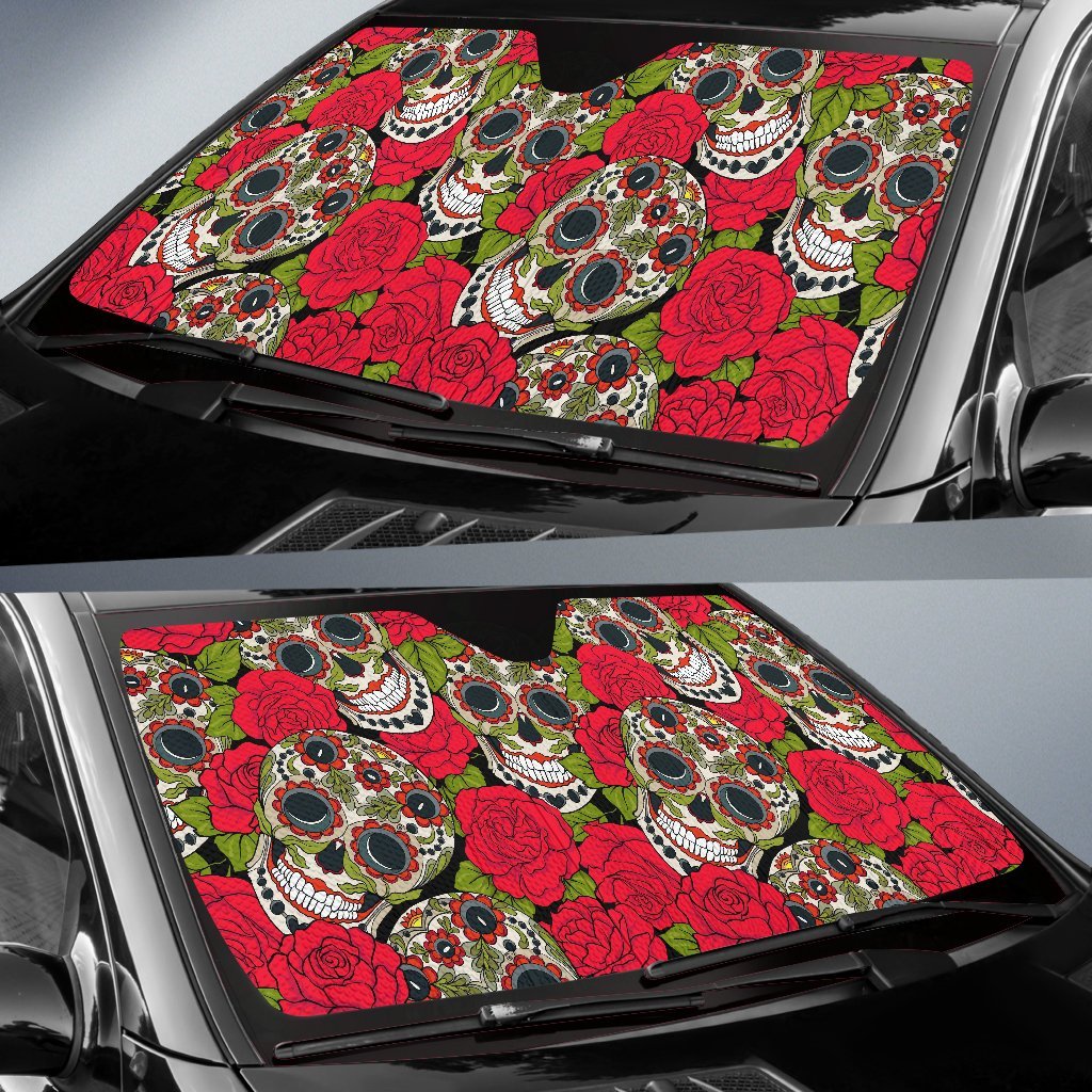 Sugar Skull Skeleton Girly Floral Rose Pattern Print Car Sun Shade-grizzshop