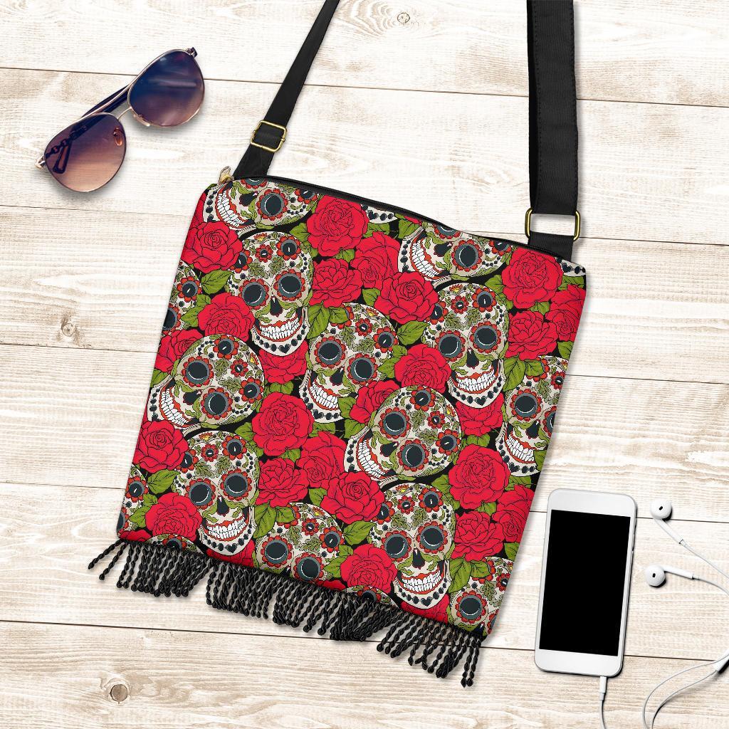 Sugar Skull Skeleton Girly Floral Rose Pattern Print Crossbody Bags-grizzshop