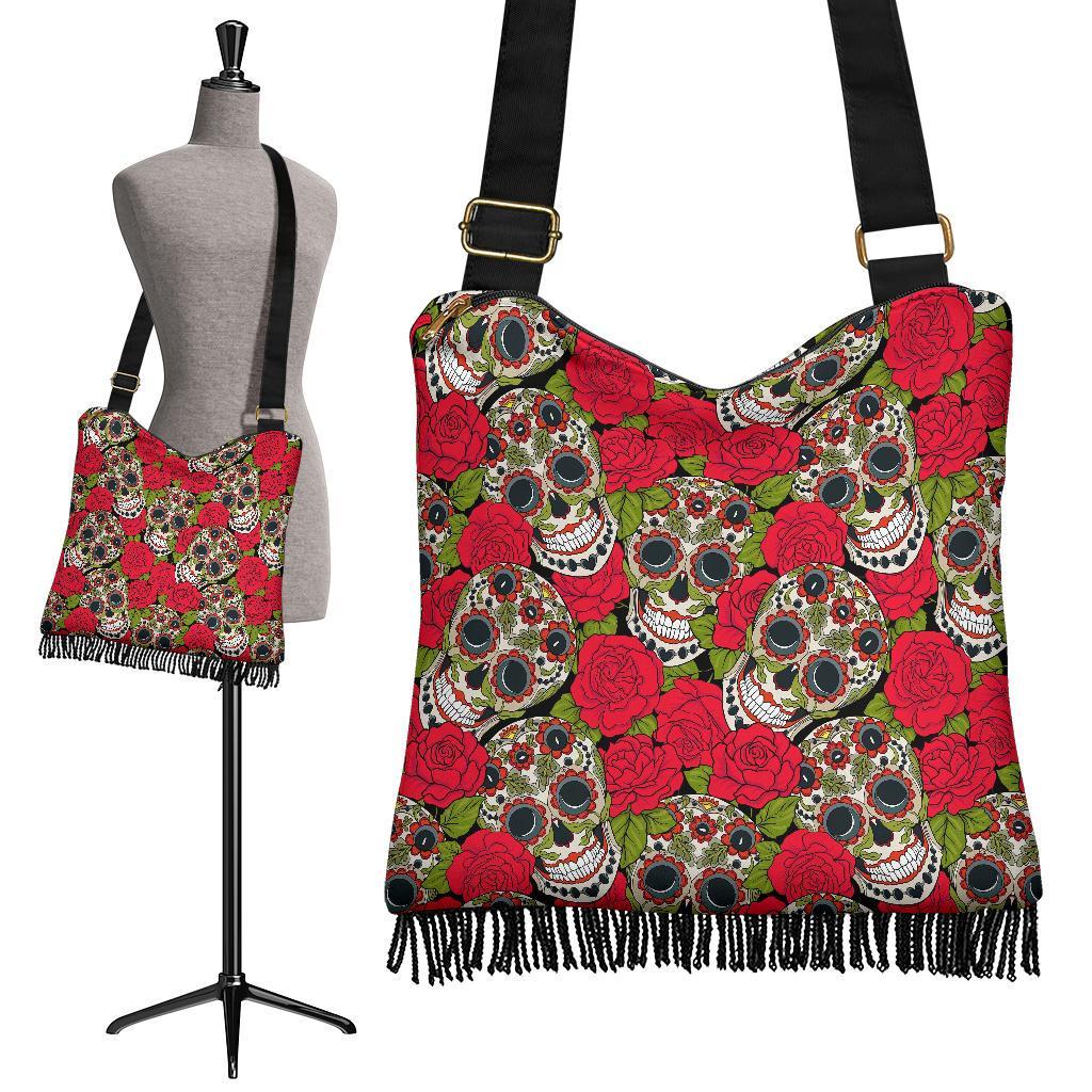 Sugar Skull Skeleton Girly Floral Rose Pattern Print Crossbody Bags-grizzshop