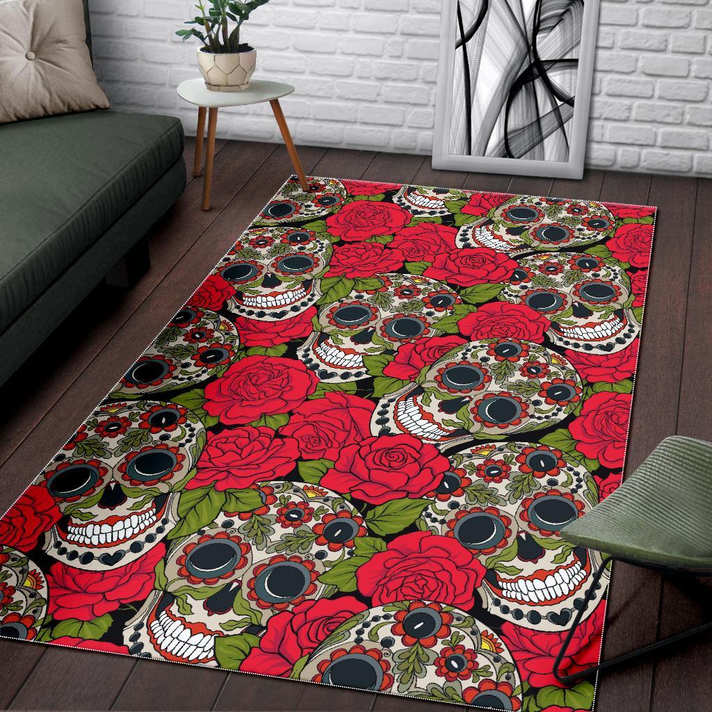 Sugar Skull Skeleton Girly Floral Rose Pattern Print Floor Mat-grizzshop