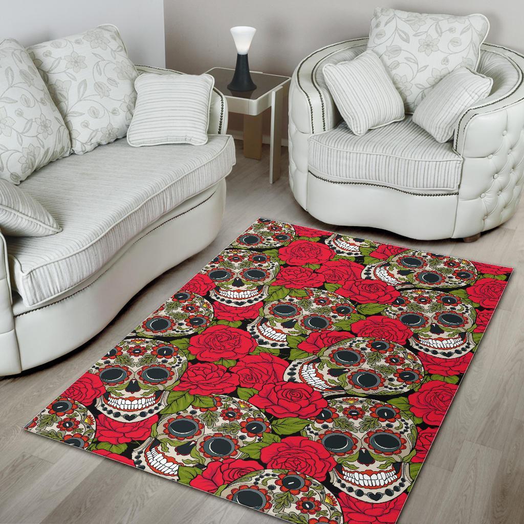 Sugar Skull Skeleton Girly Floral Rose Pattern Print Floor Mat-grizzshop