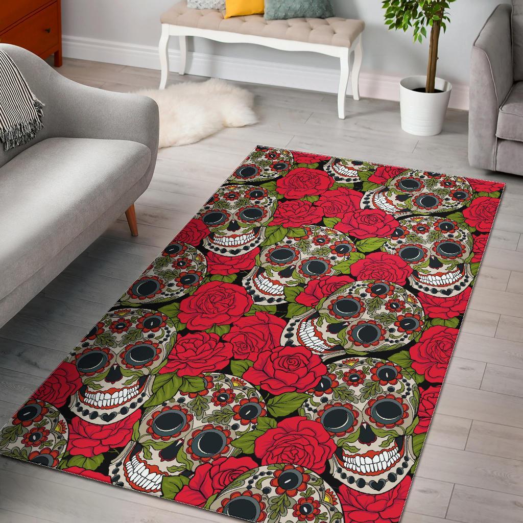 Sugar Skull Skeleton Girly Floral Rose Pattern Print Floor Mat-grizzshop