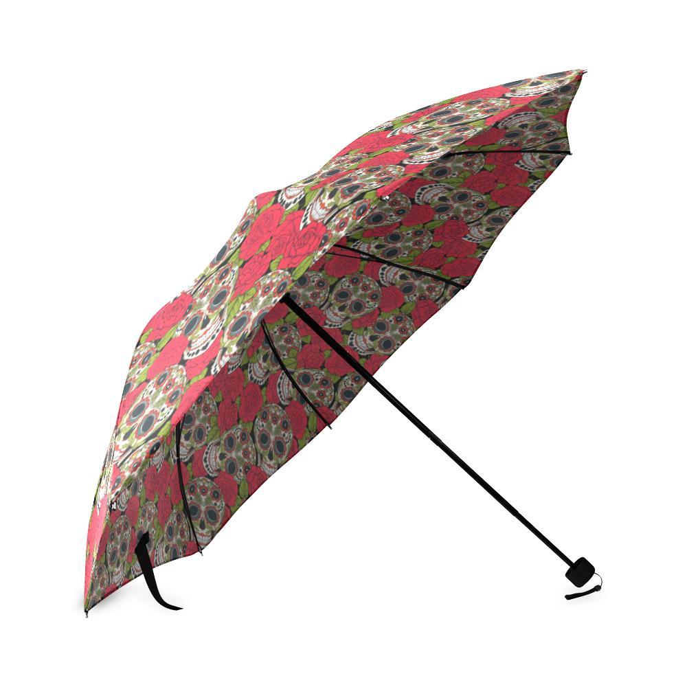 Sugar Skull Skeleton Girly Floral Rose Pattern Print Foldable Umbrella-grizzshop