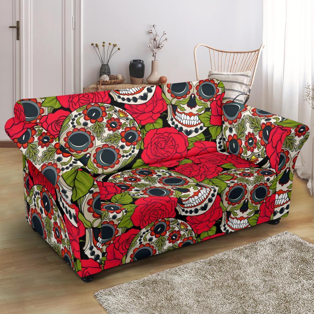 Sugar Skull Skeleton Girly Floral Rose Pattern Print Loveseat Cover-grizzshop