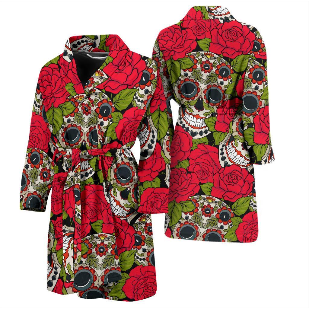 Sugar Skull Skeleton Girly Floral Rose Pattern Print Men Long Robe-grizzshop