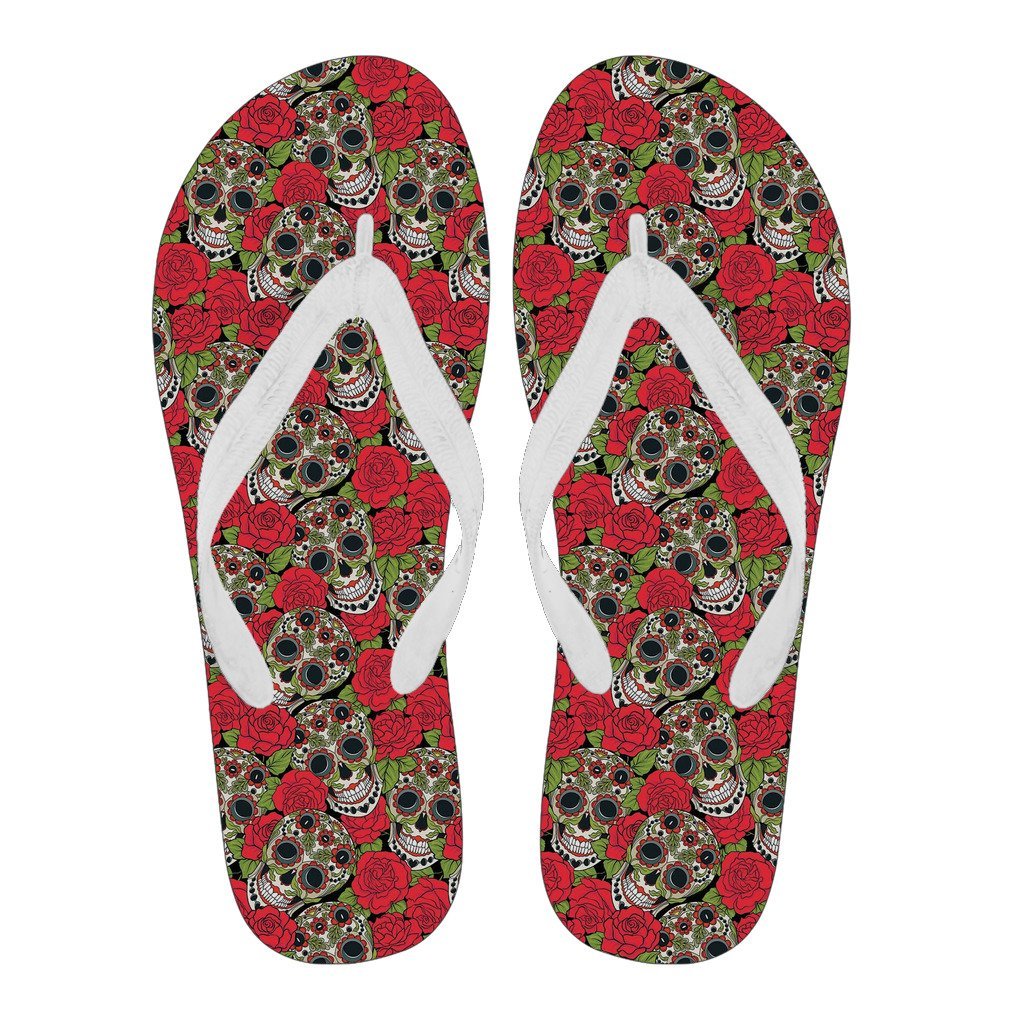 Sugar Skull Skeleton Girly Floral Rose Pattern Print Men & Women Flip Flops-grizzshop