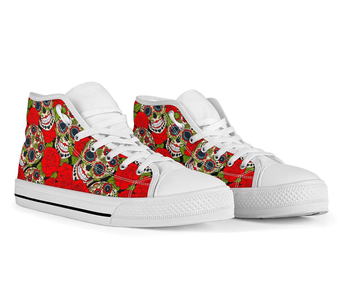 Sugar Skull Skeleton Girly Floral Rose Pattern Print Men Women's High Top Shoes-grizzshop