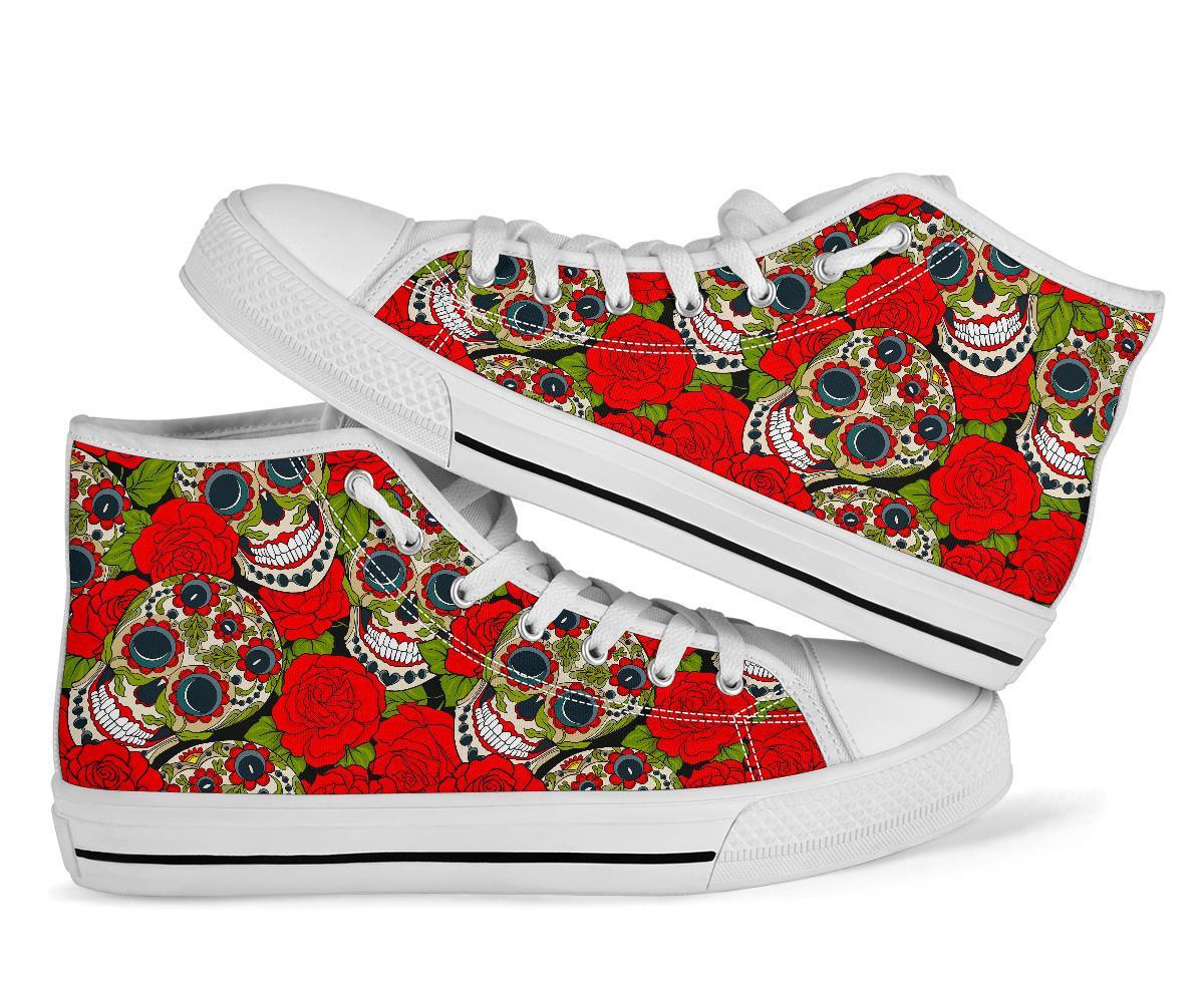 Sugar Skull Skeleton Girly Floral Rose Pattern Print Men Women's High Top Shoes-grizzshop