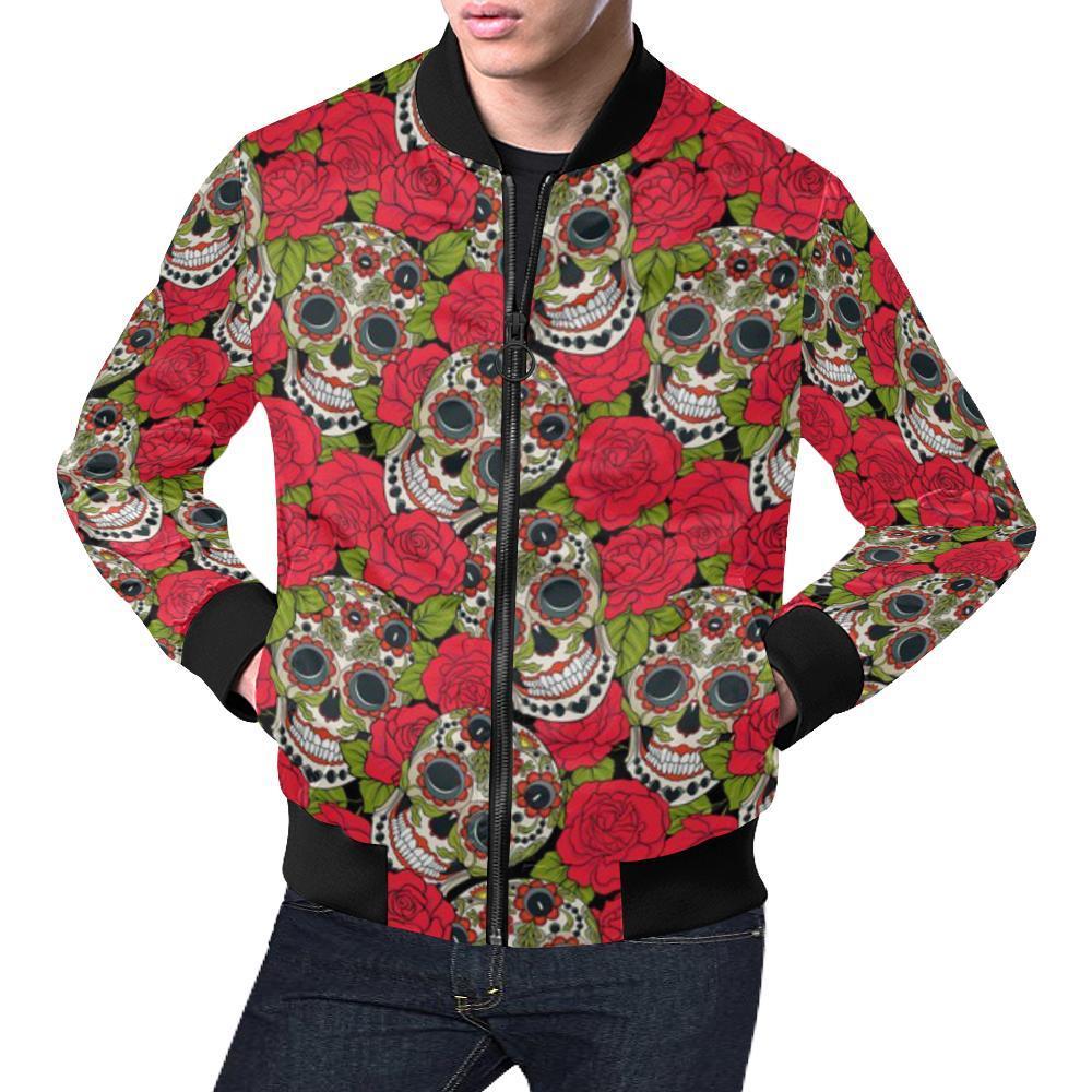 Sugar Skull Skeleton Girly Floral Rose Pattern Print Men's Bomber Jacket-grizzshop