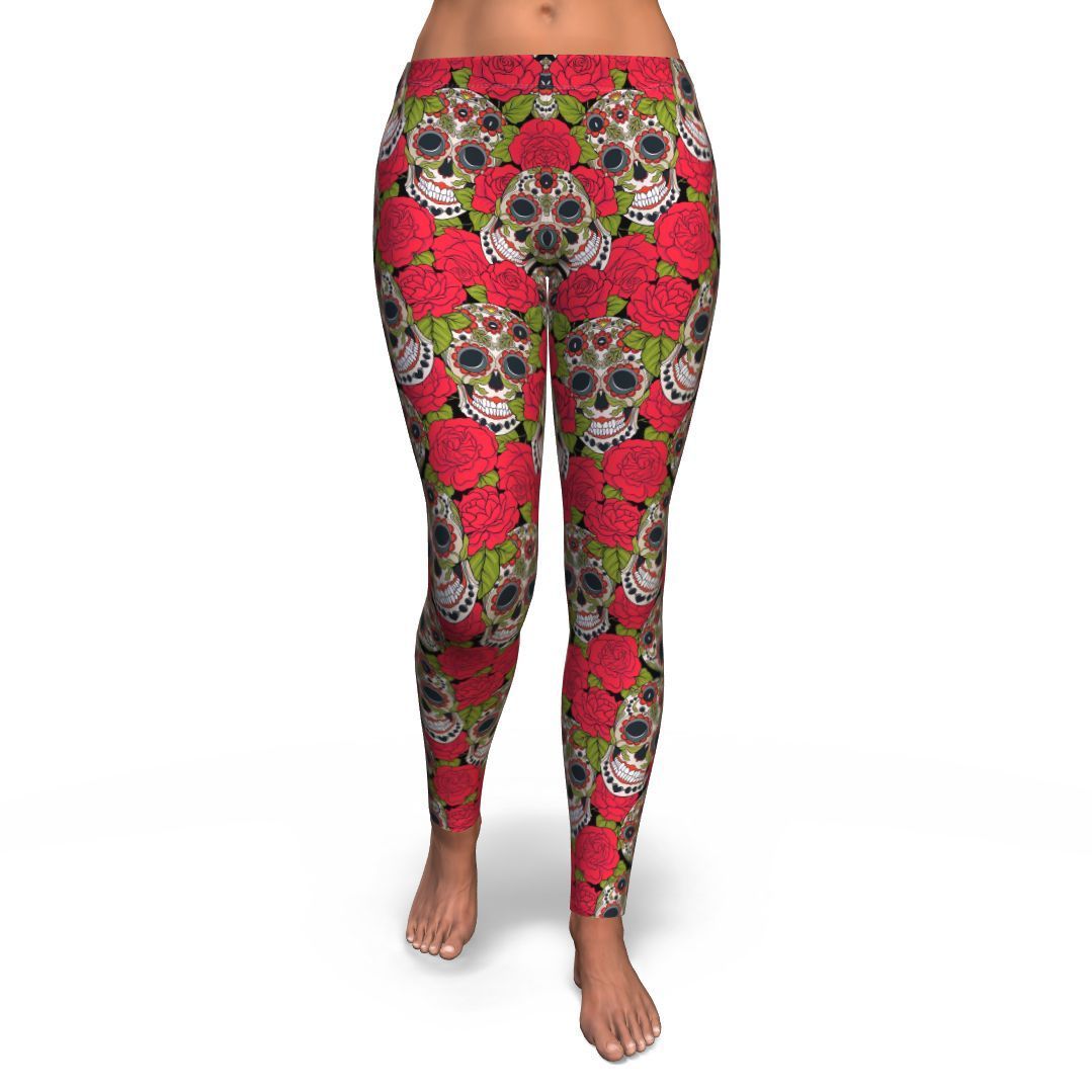 Sugar Skull Skeleton Girly Floral Rose Pattern Print Pattern Women Leggings-grizzshop