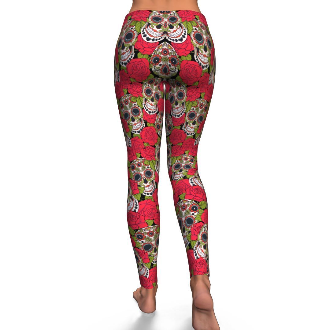 Sugar Skull Skeleton Girly Floral Rose Pattern Print Pattern Women Leggings-grizzshop