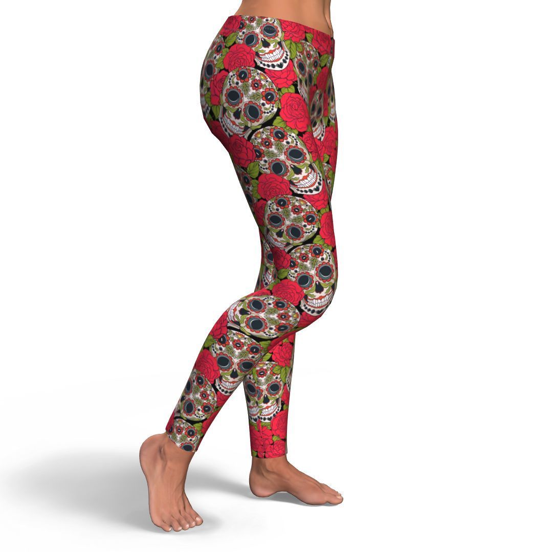 Sugar Skull Skeleton Girly Floral Rose Pattern Print Pattern Women Leggings-grizzshop