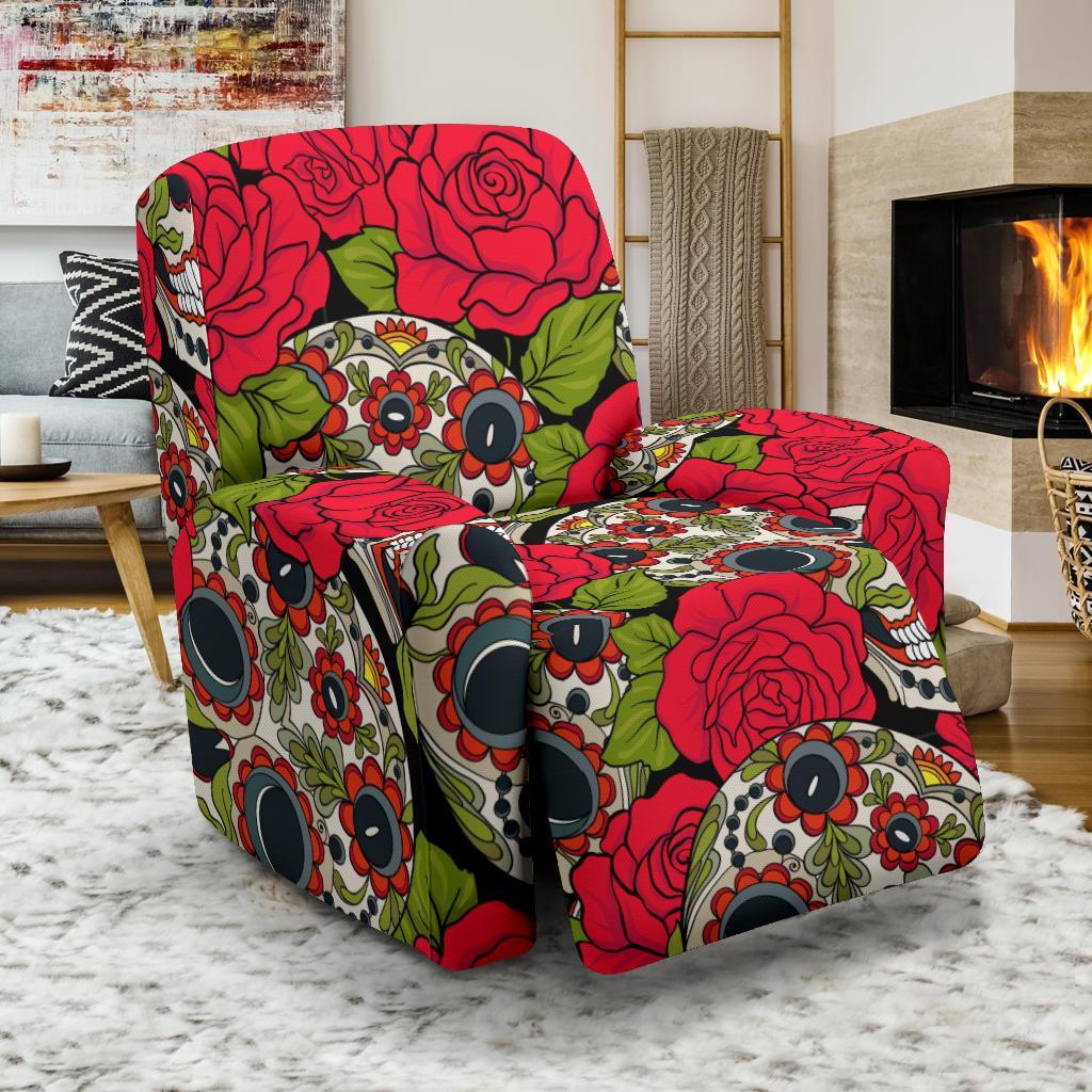 Sugar Skull Skeleton Girly Floral Rose Pattern Print Recliner Cover-grizzshop