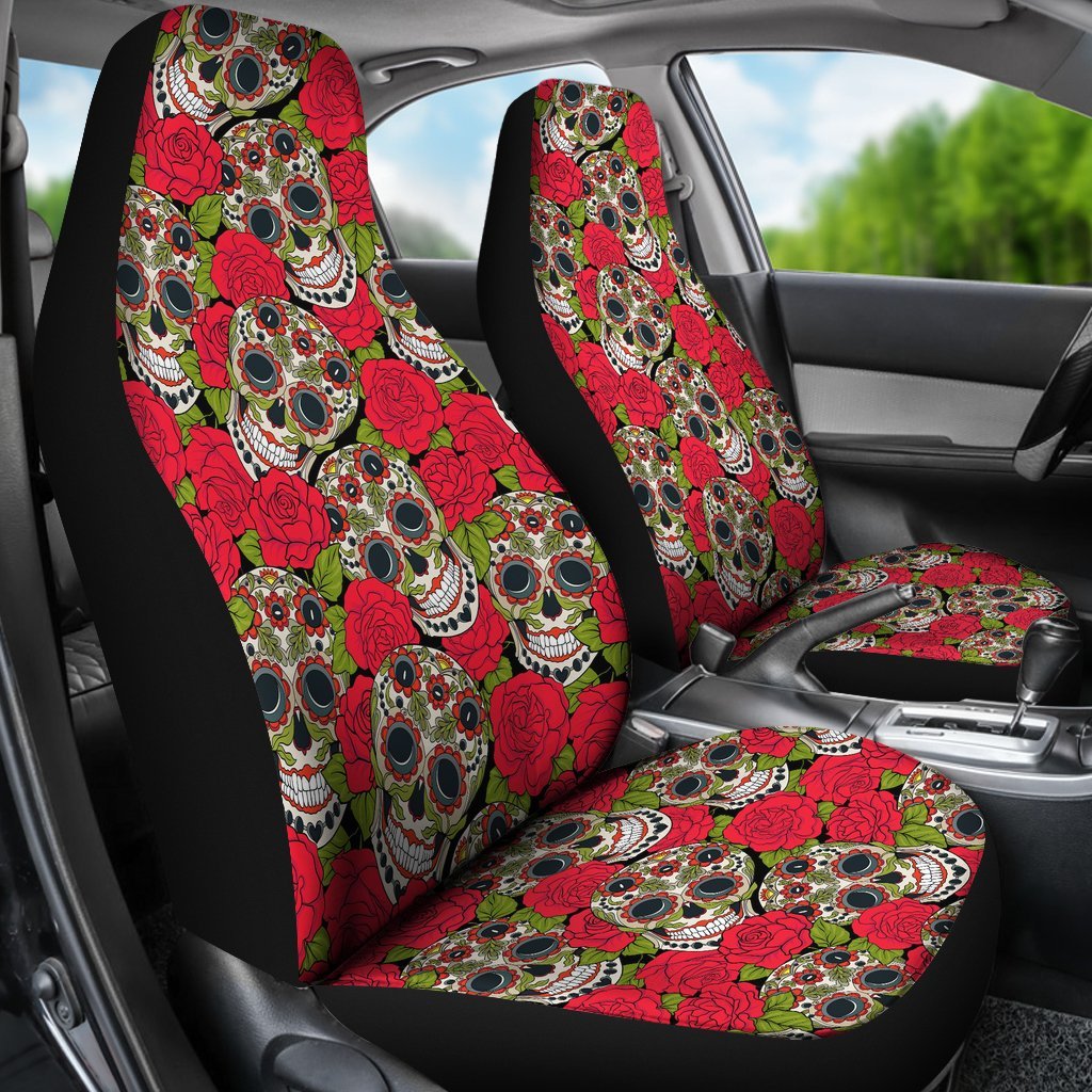 Sugar Skull Skeleton Girly Floral Rose Pattern Print Universal Fit Car Seat Cover-grizzshop
