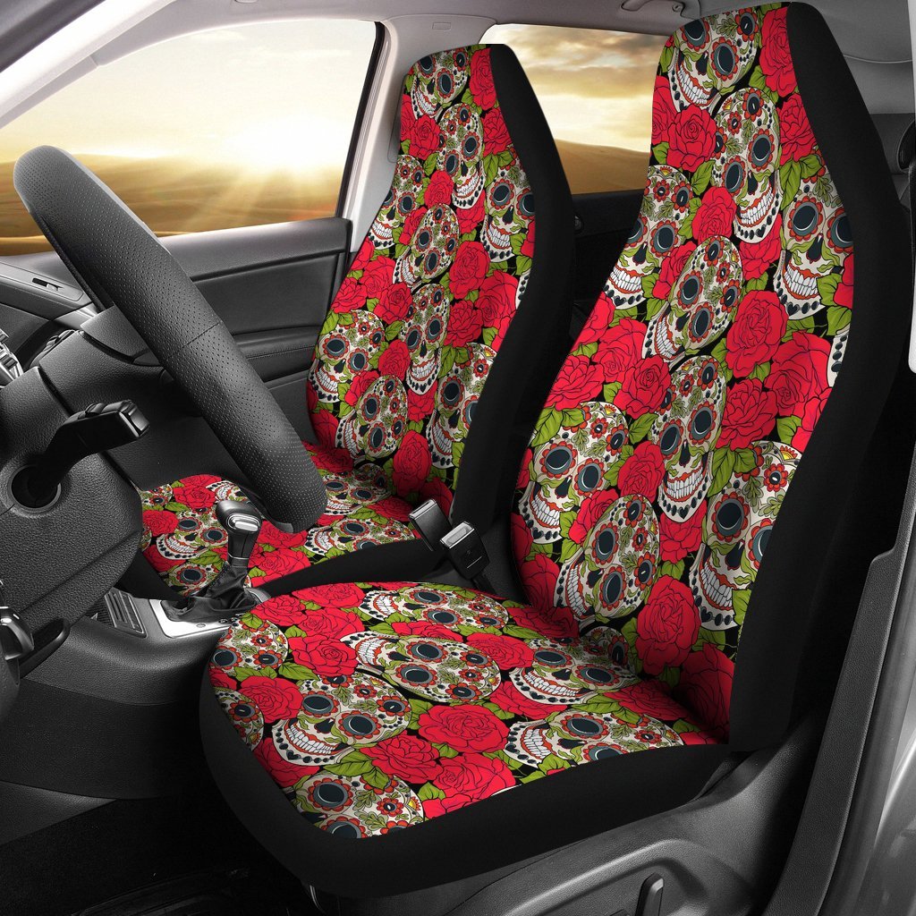 Sugar Skull Skeleton Girly Floral Rose Pattern Print Universal Fit Car Seat Cover-grizzshop