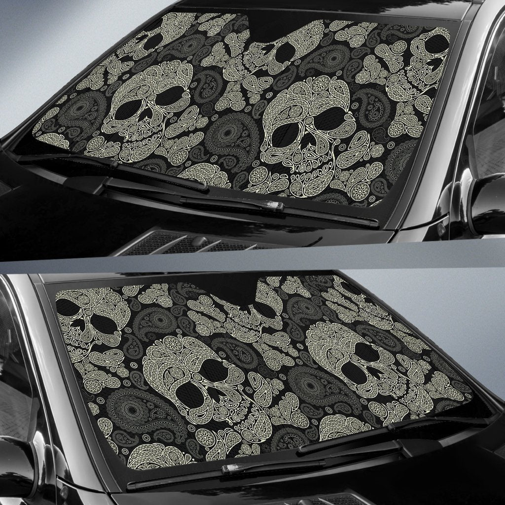 Sugar Skull Skeleton Girly Paisley Pattern Print Car Sun Shade-grizzshop