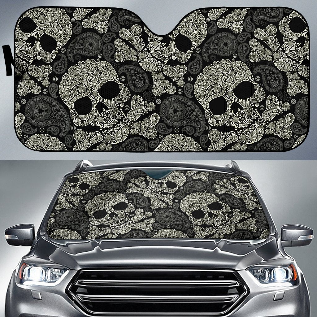 Sugar Skull Skeleton Girly Paisley Pattern Print Car Sun Shade-grizzshop