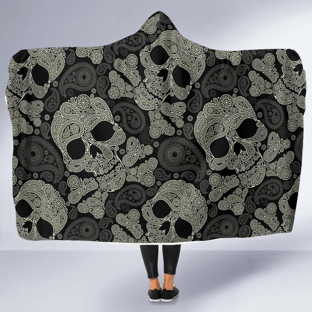 Sugar Skull Skeleton Girly Paisley Pattern Print Hooded Blanket-grizzshop