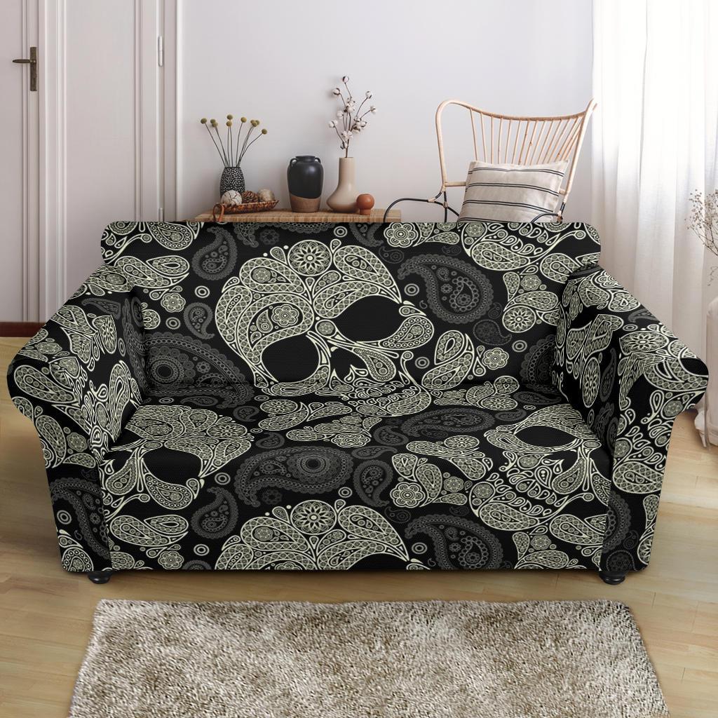 Sugar Skull Skeleton Girly Paisley Pattern Print Loveseat Cover-grizzshop