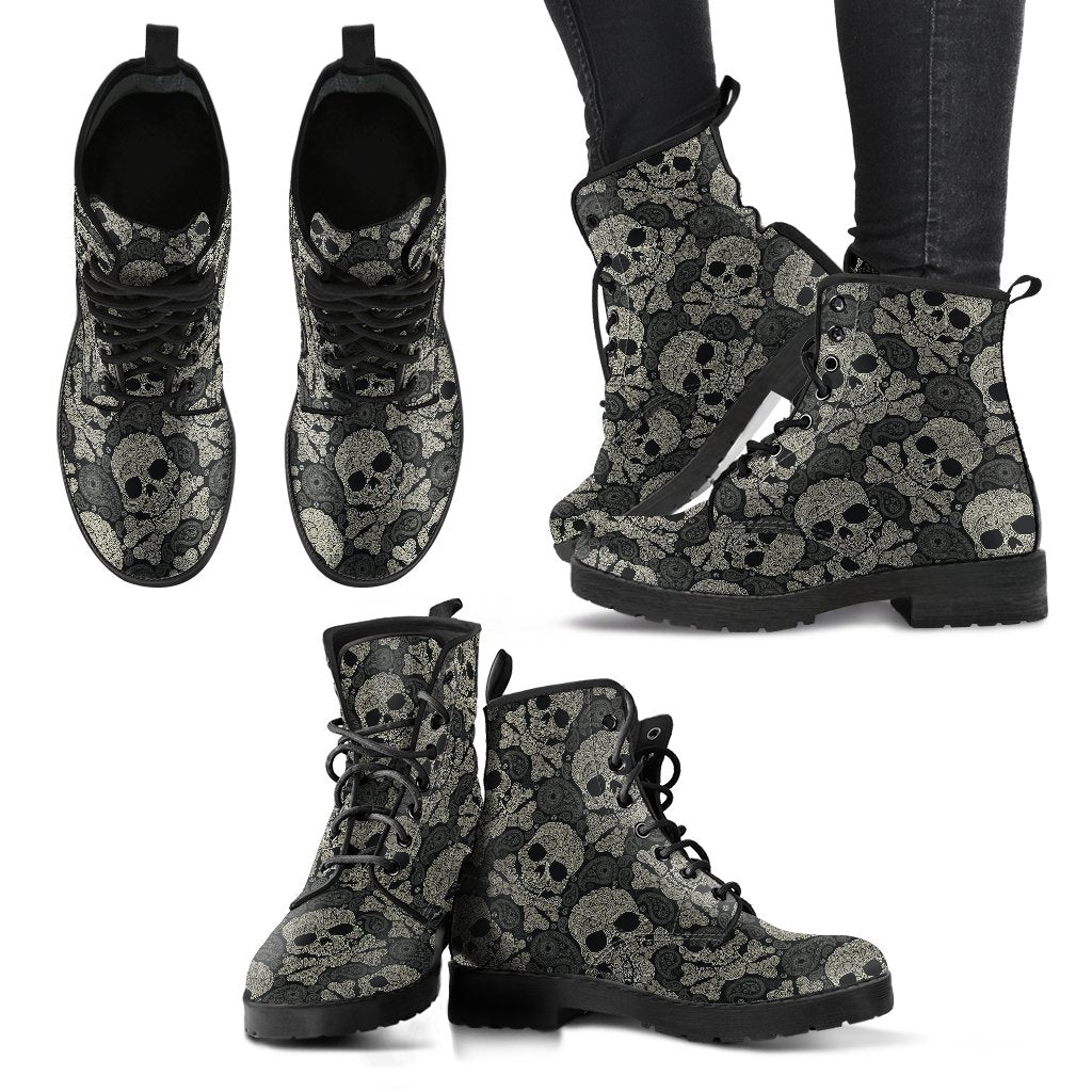 Sugar Skull Skeleton Girly Paisley Pattern Print Men Women Leather Boots-grizzshop