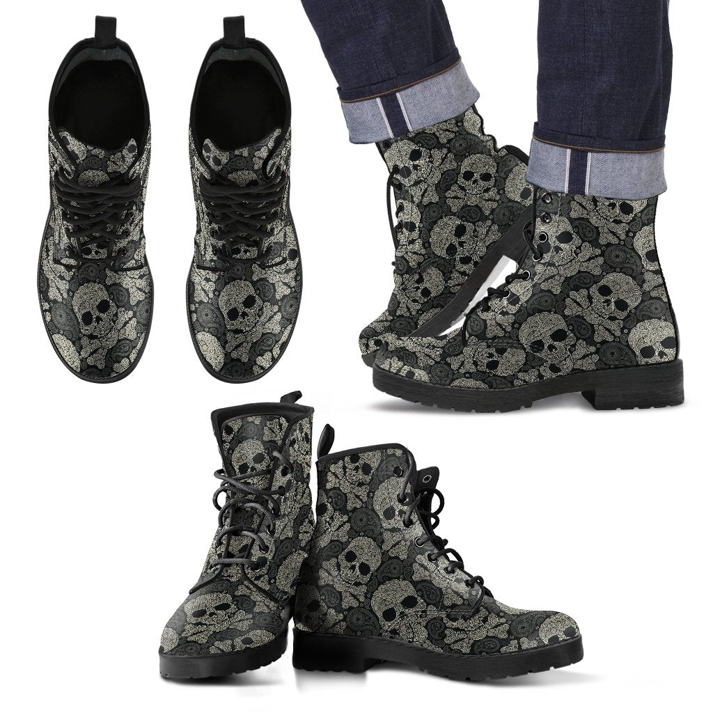 Sugar Skull Skeleton Girly Paisley Pattern Print Men Women Leather Boots-grizzshop