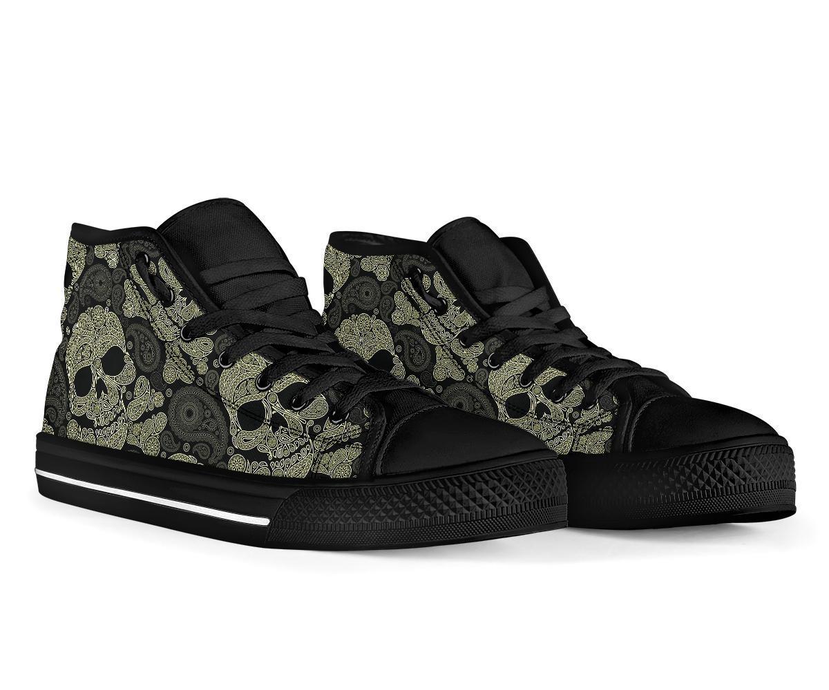 Sugar Skull Skeleton Girly Paisley Pattern Print Men Women's High Top Shoes-grizzshop