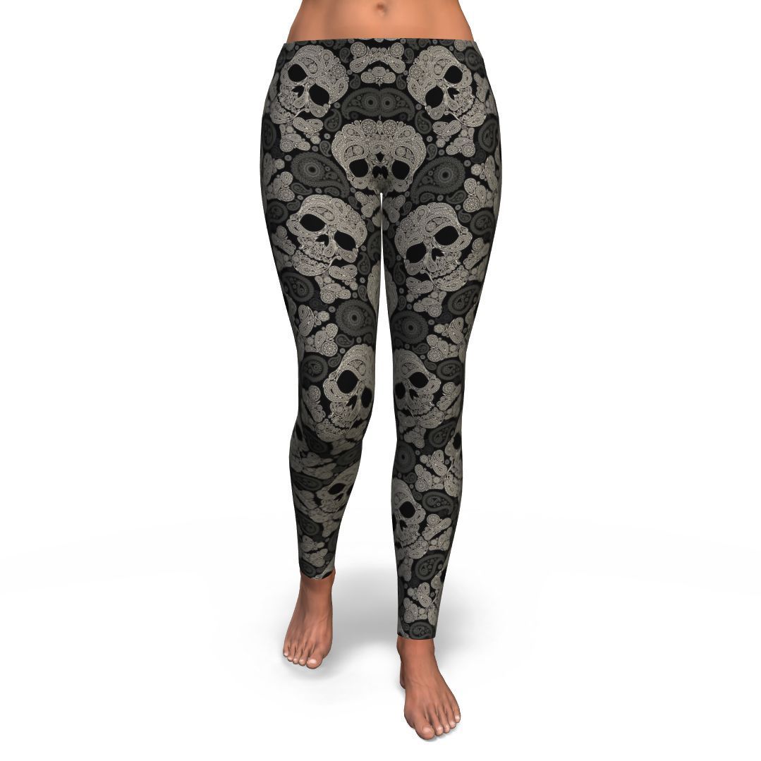 Sugar Skull Skeleton Girly Paisley Pattern Print Pattern Women Leggings-grizzshop