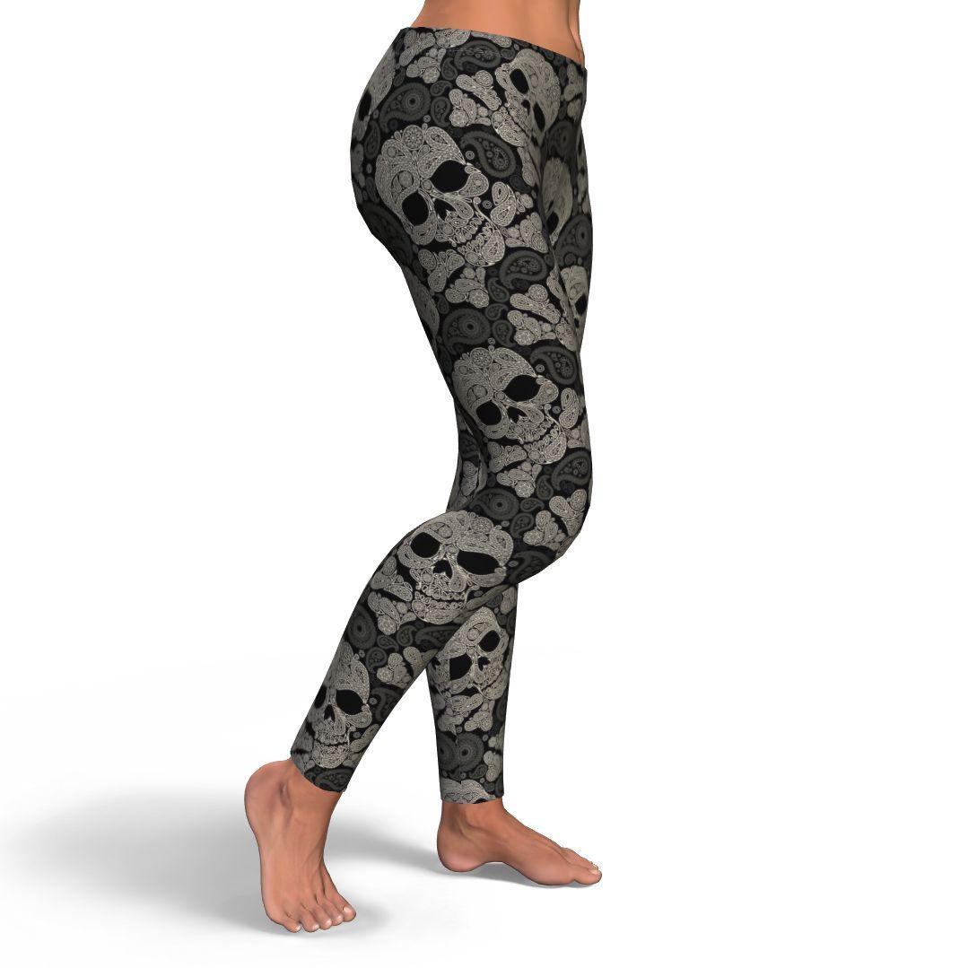 Sugar Skull Skeleton Girly Paisley Pattern Print Pattern Women Leggings-grizzshop