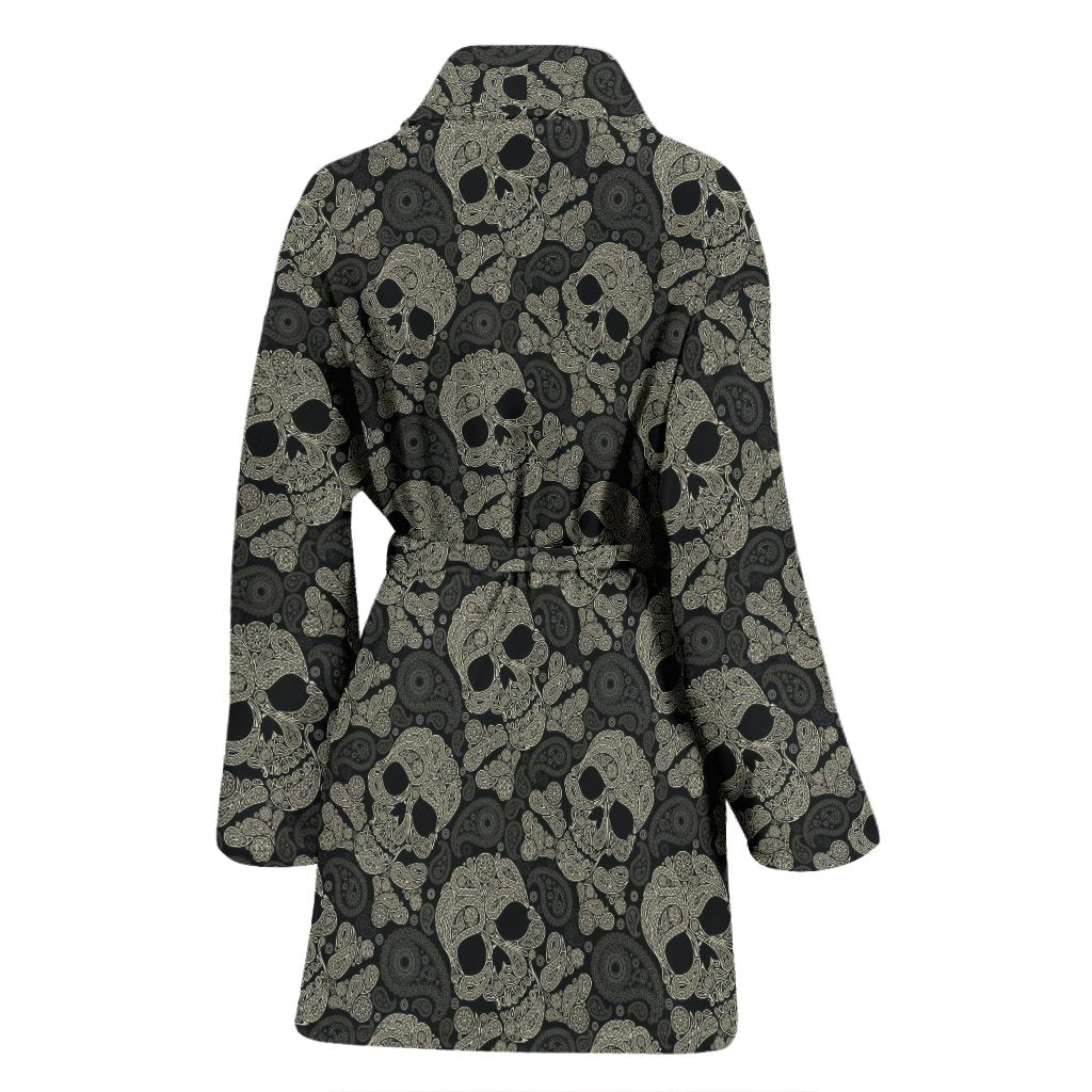 Sugar Skull Skeleton Girly Paisley Pattern Print Women Long Robe-grizzshop