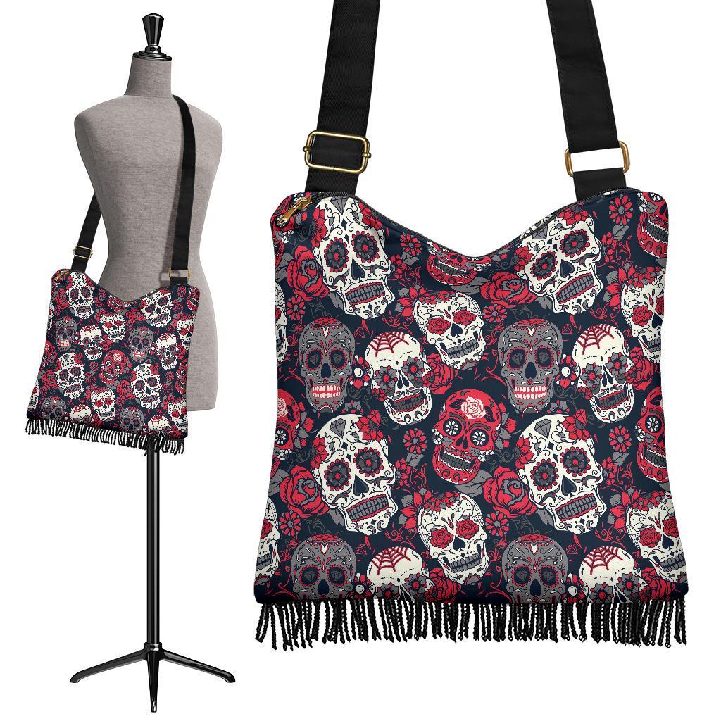 Sugar Skull Skeleton Girly Rose Floral Pattern Print Crossbody Bags-grizzshop