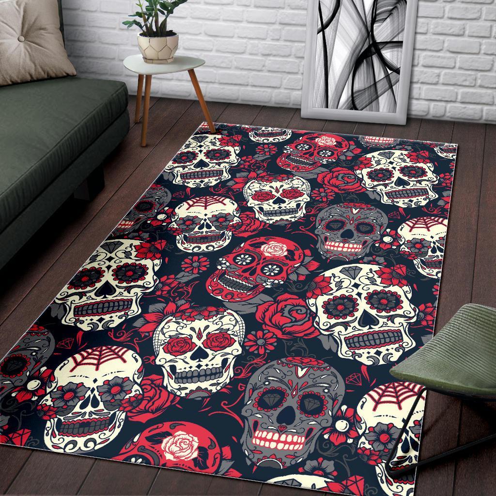 Sugar Skull Skeleton Girly Rose Floral Pattern Print Floor Mat-grizzshop
