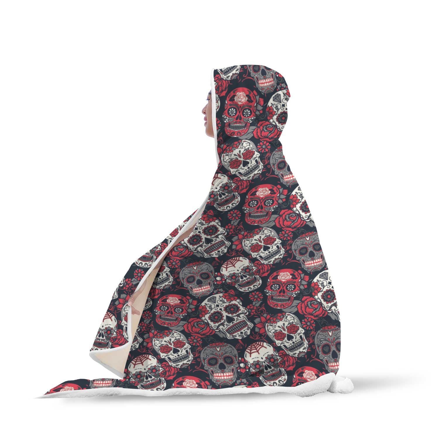 Sugar Skull Skeleton Girly Rose Floral Pattern Print Hooded Blanket-grizzshop