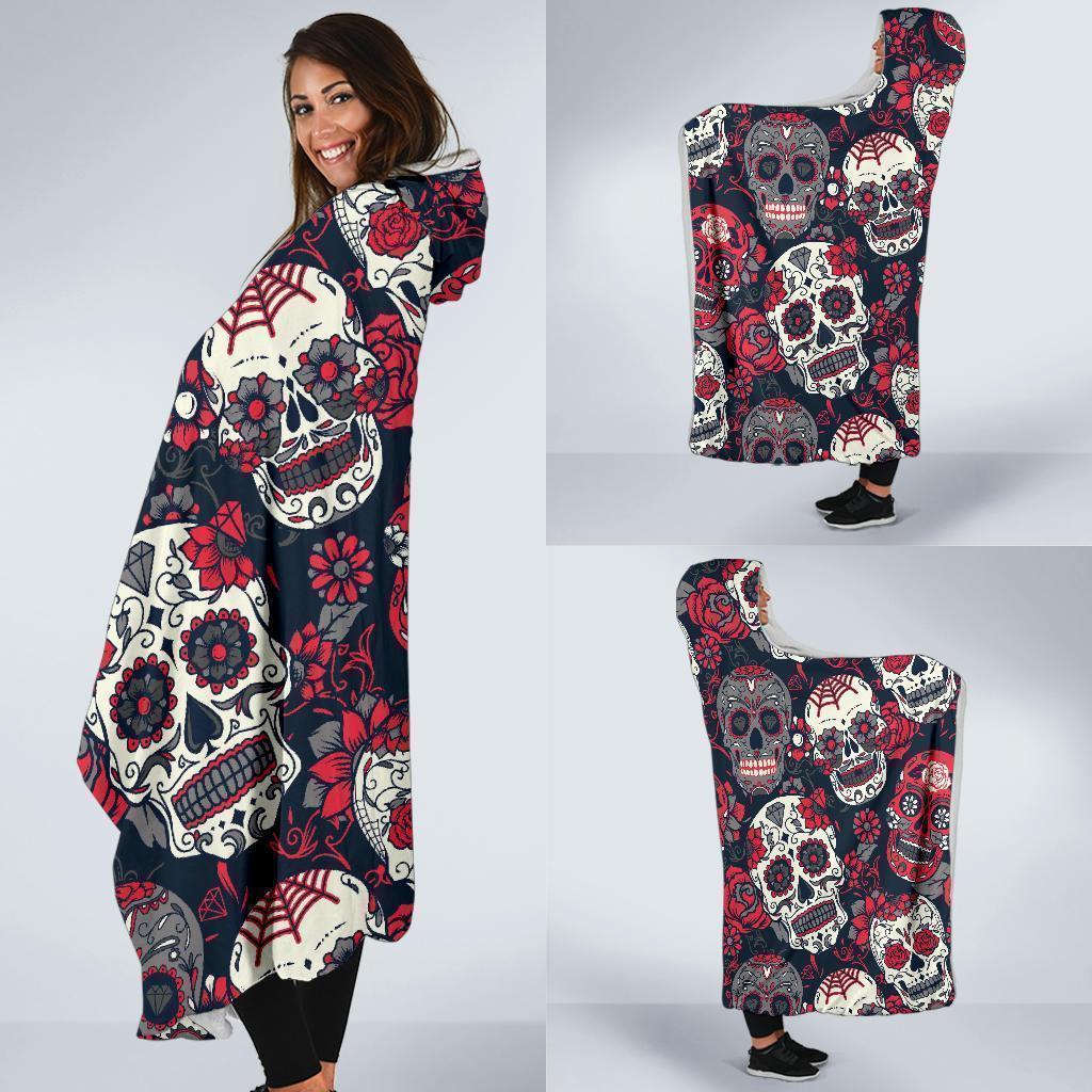 Sugar Skull Skeleton Girly Rose Floral Pattern Print Hooded Blanket-grizzshop